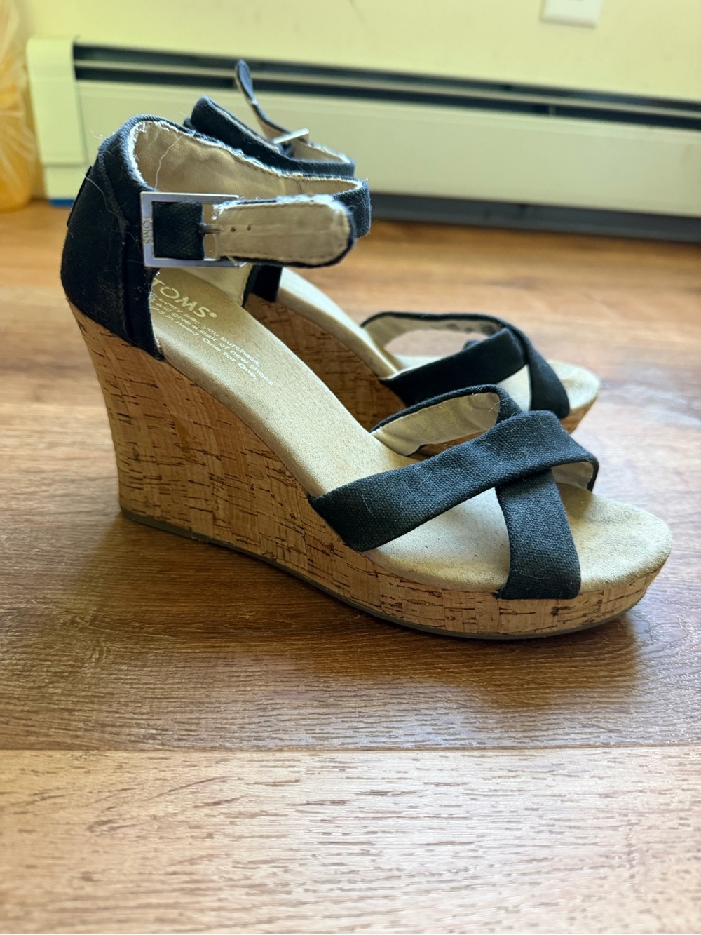 TOMS Black Cork Wedge Sandals with Cross Straps